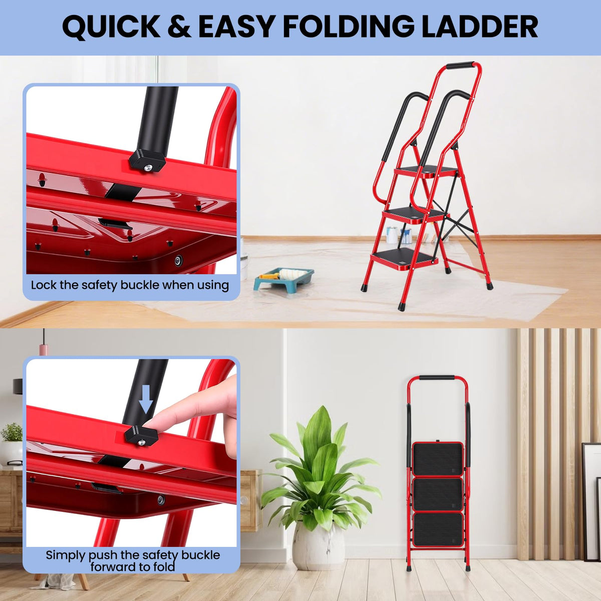 3 Step Folding Steel Step Ladder with Handrails R221927