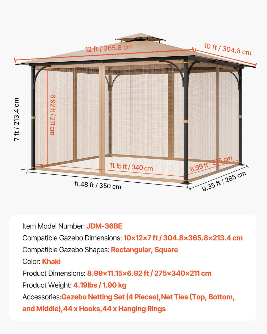 10 x 12 x 7 FT Gazebo Netting Replacement 4-Panel Sidewall Mesh Net F662
