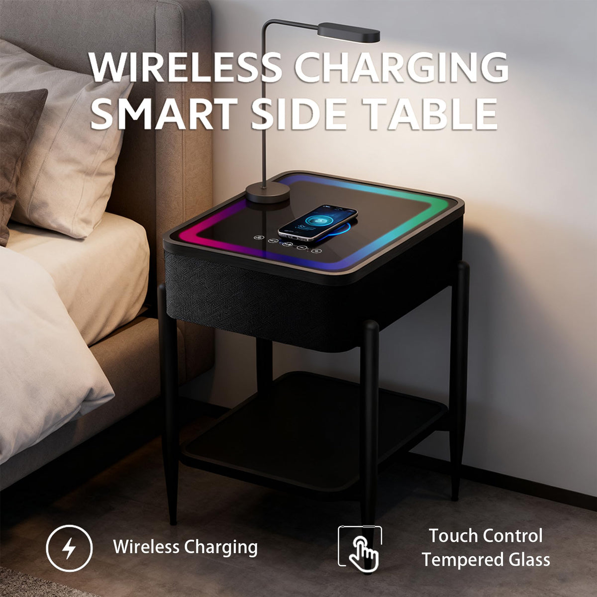 Black LED Smart Nightstand with Bluetooth Speaker & Wireless Charging H48005