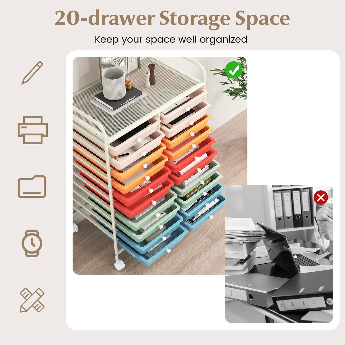 20 Drawer Rolling Storage Cart with Lockable Wheels Z16514