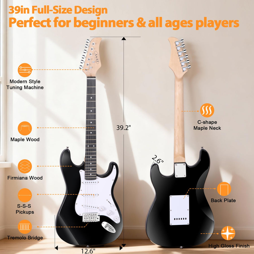 39in Full Size Electric Guitar with 10W Amp, Case and Accessories Pack, Black V77061