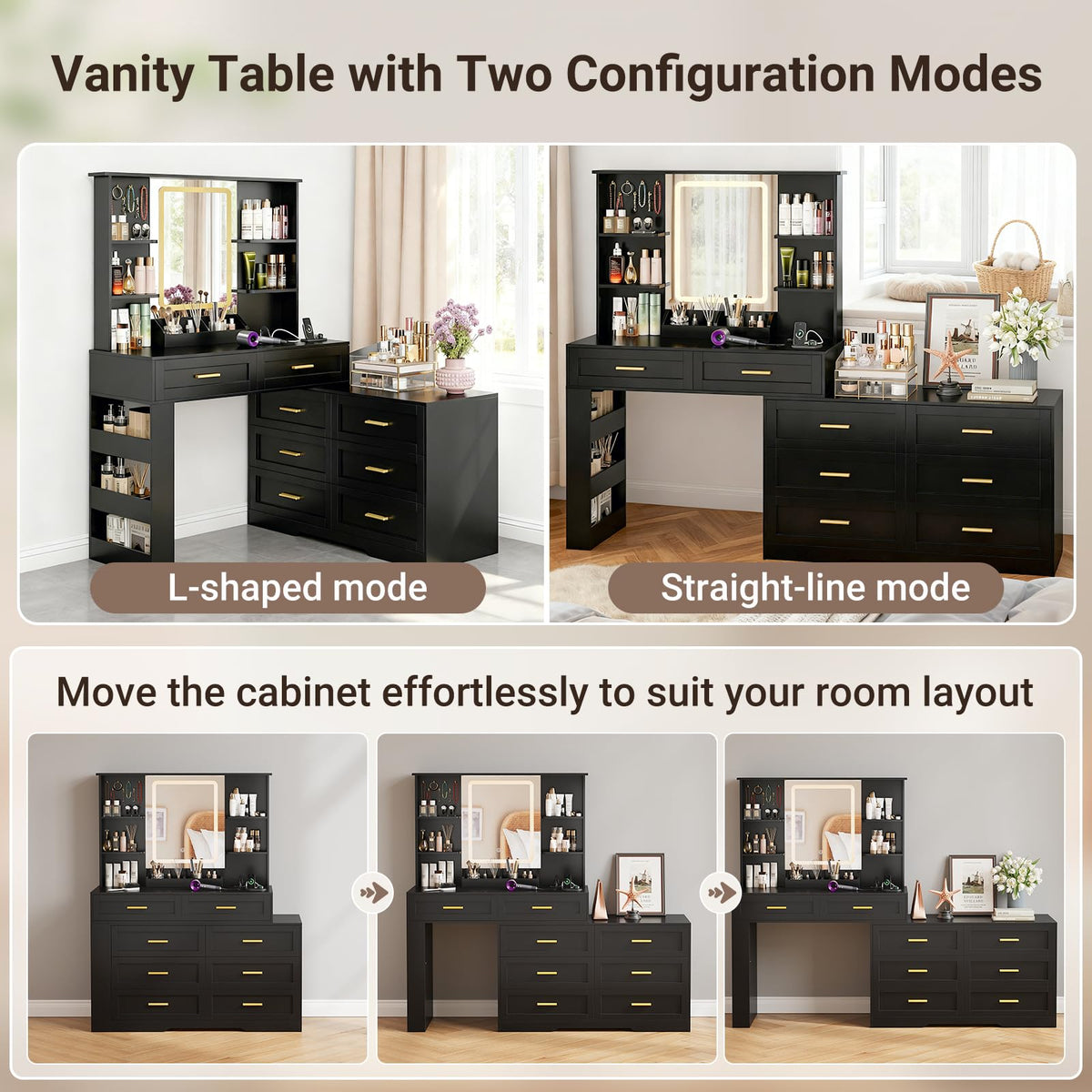 Black Makeup Vanity Desk with Mirror and Lights M900570