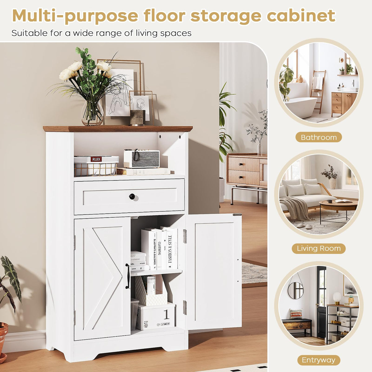 White Storage Cabinet with Barn Doors and Drawers R31826