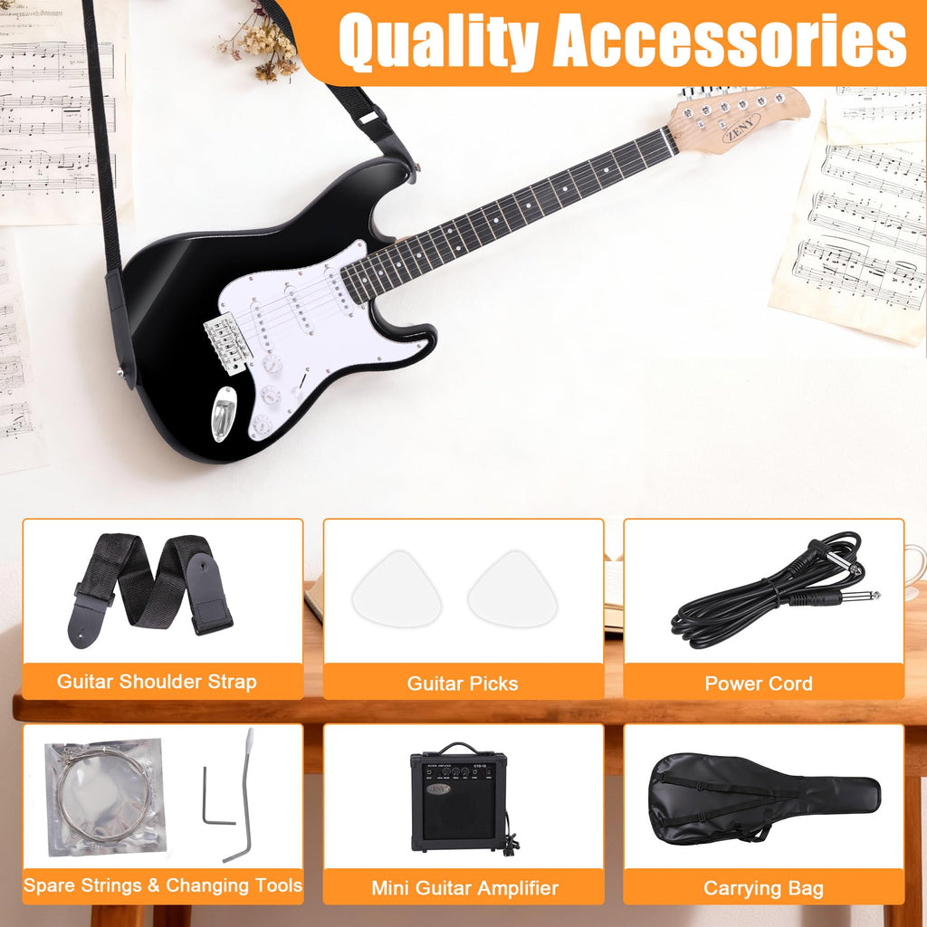 39in Full Size Electric Guitar with 10W Amp, Case and Accessories Pack, Black V77061