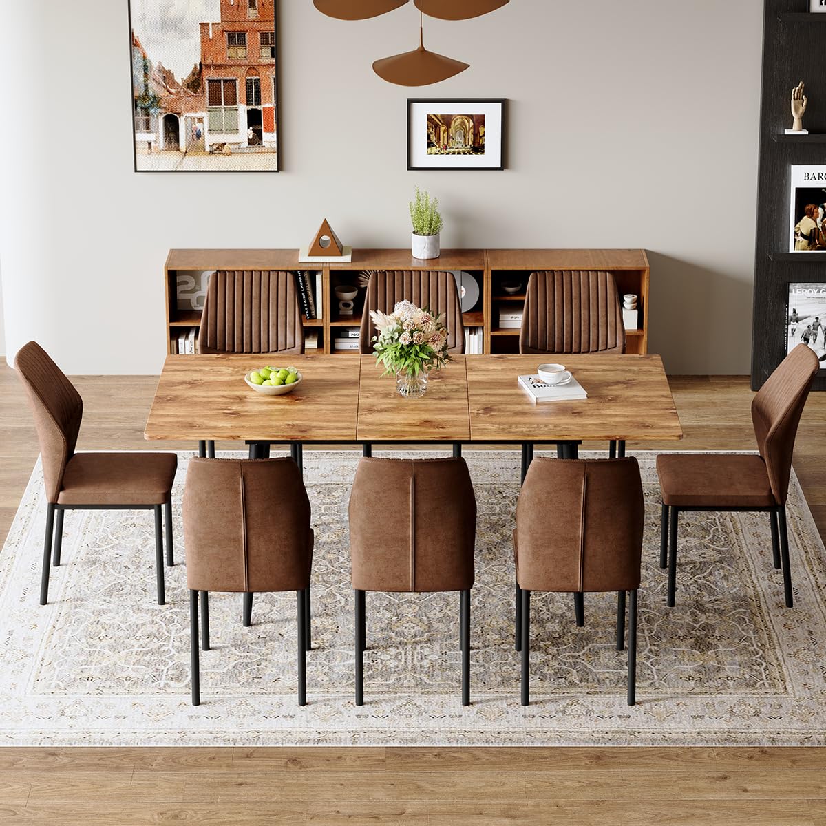 Extendable Dining Table Set for 8 Wood Upholstered Chairs T296853