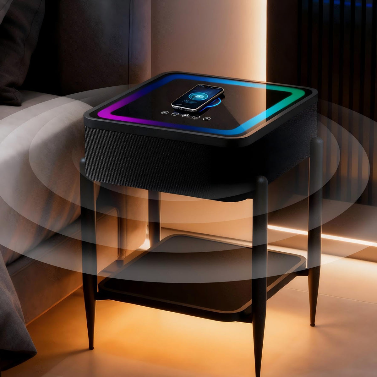 Black LED Smart Nightstand with Bluetooth Speaker & Wireless Charging H48005