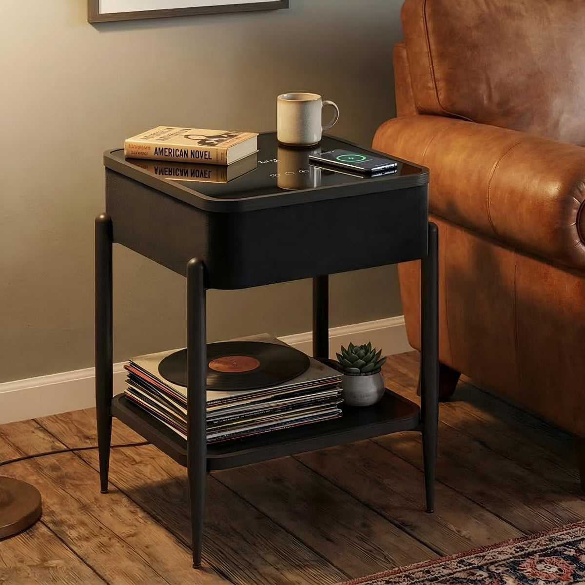 Black LED Smart Nightstand with Bluetooth Speaker & Wireless Charging H48005