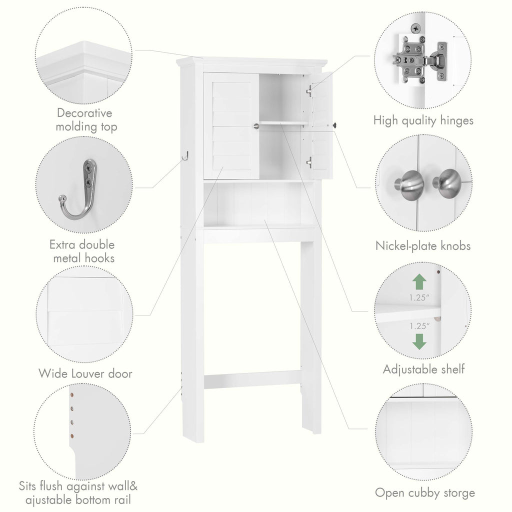 White Over The Toilet Storage Cabinet with Louvered Doors & Hooks K866323