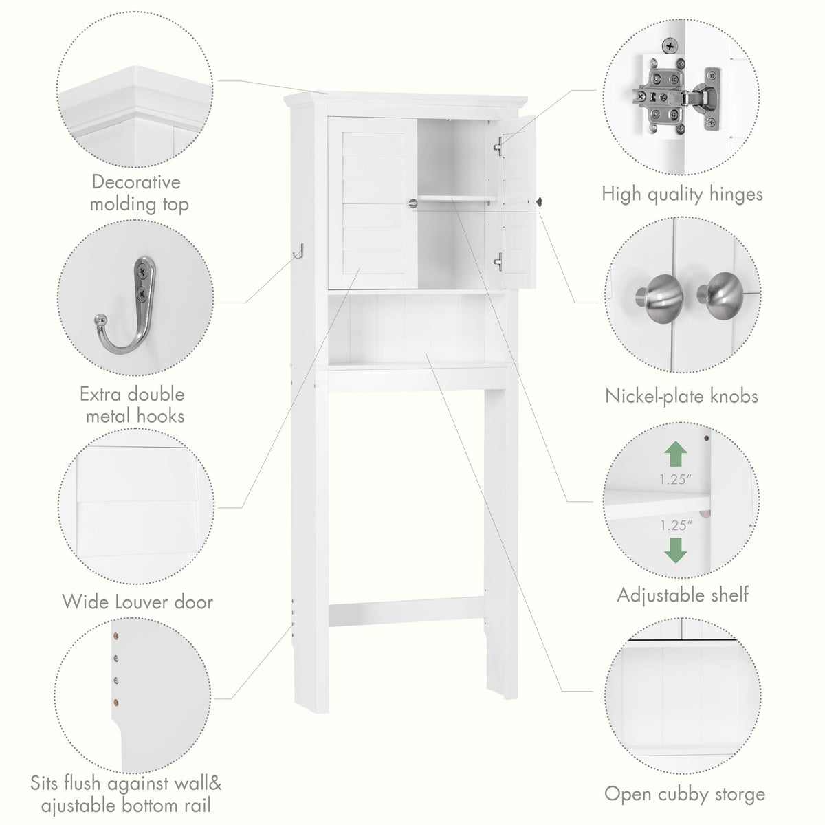 White Over The Toilet Storage Cabinet with Louvered Doors & Hooks K866323
