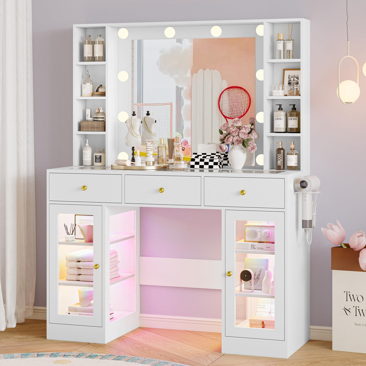 White Makeup Vanity Desk with Mirror and Lights U422