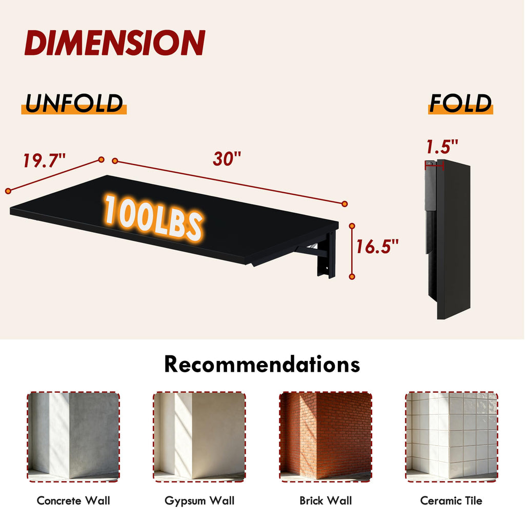 Wall Mounted Folding Table 30x20IN Black V5635