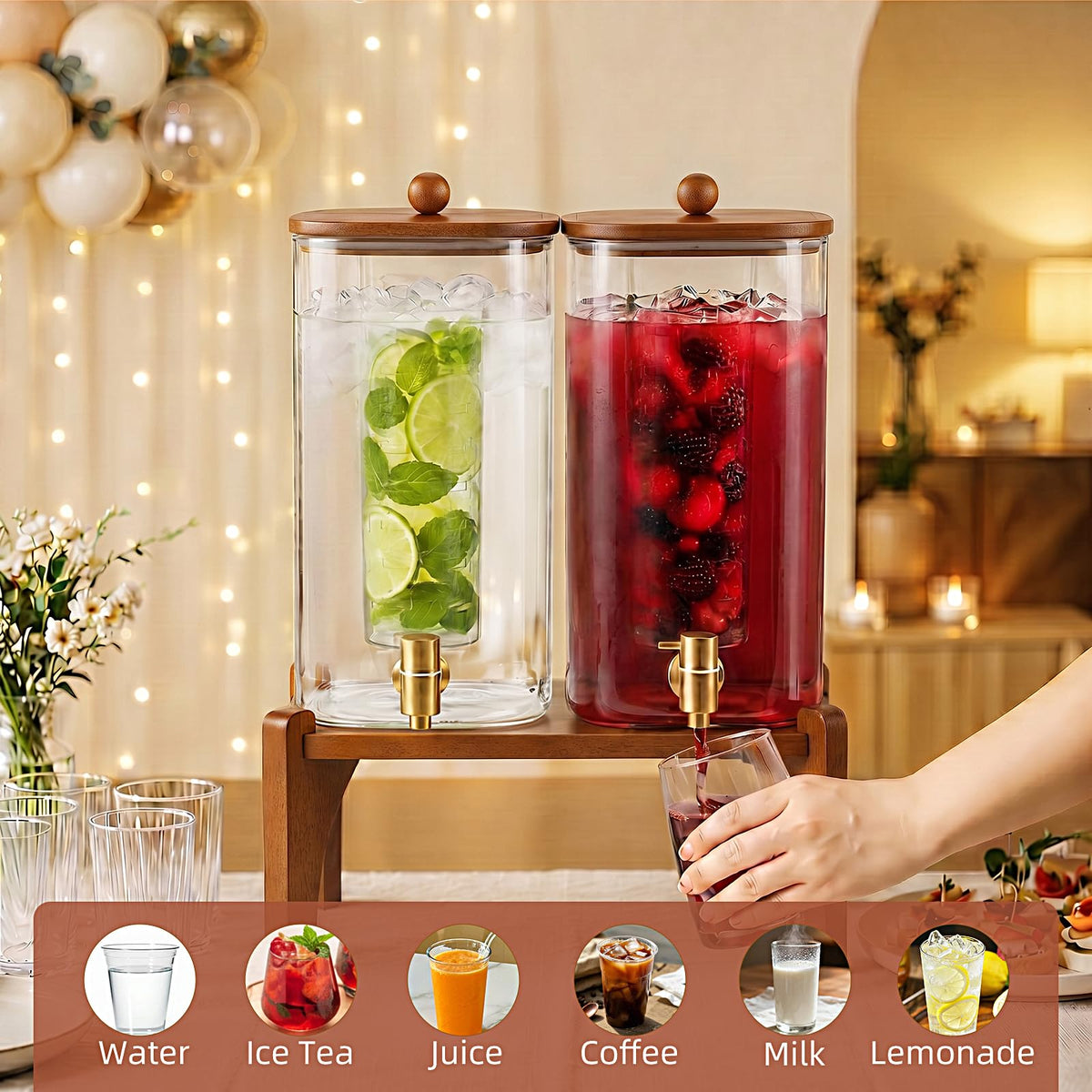 2 Pcs 1.5 Gallon Square Glass Drink Dispenser with Wooden Stand and Stainless Steel Spigot T9867