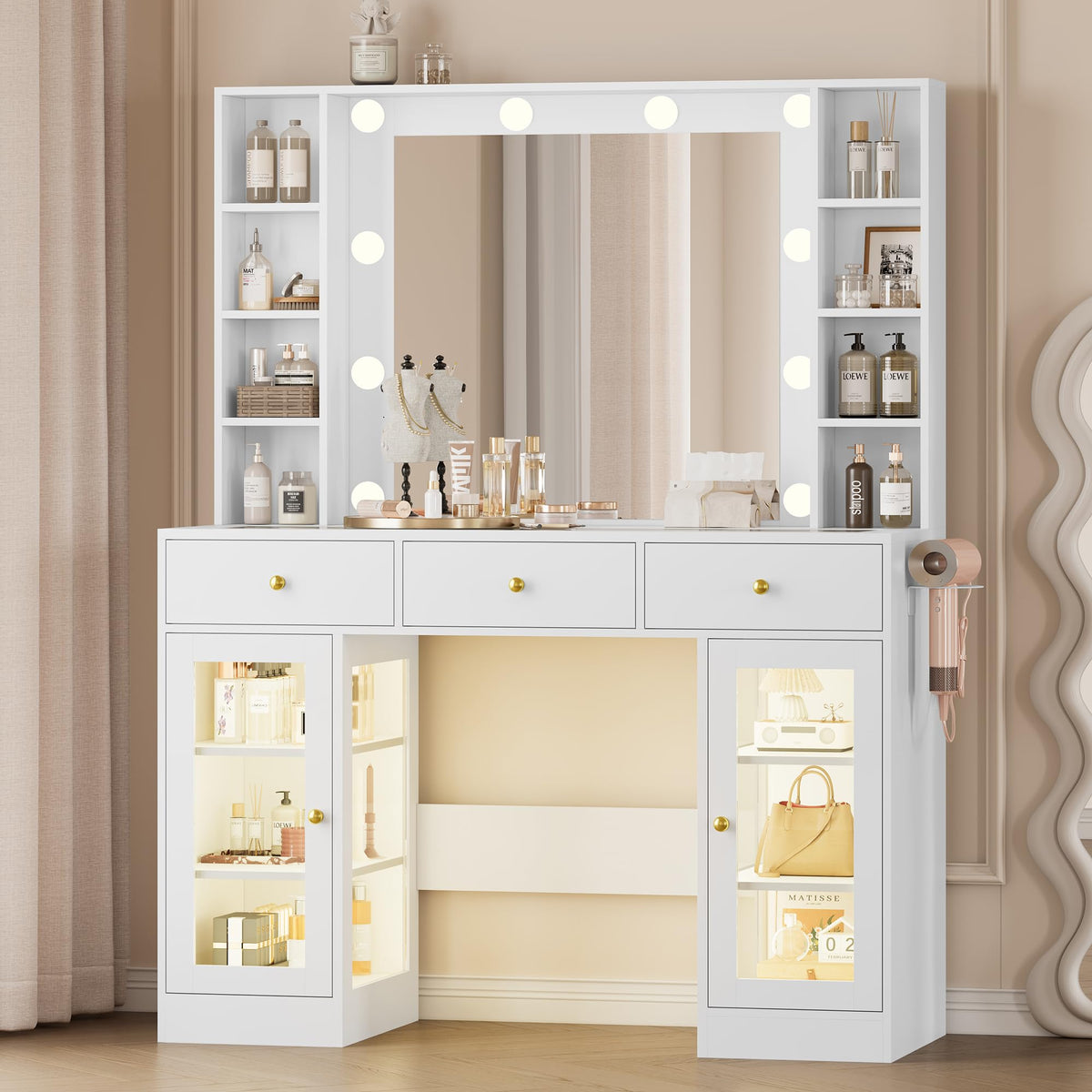 White Makeup Vanity Desk with Mirror and Lights U422