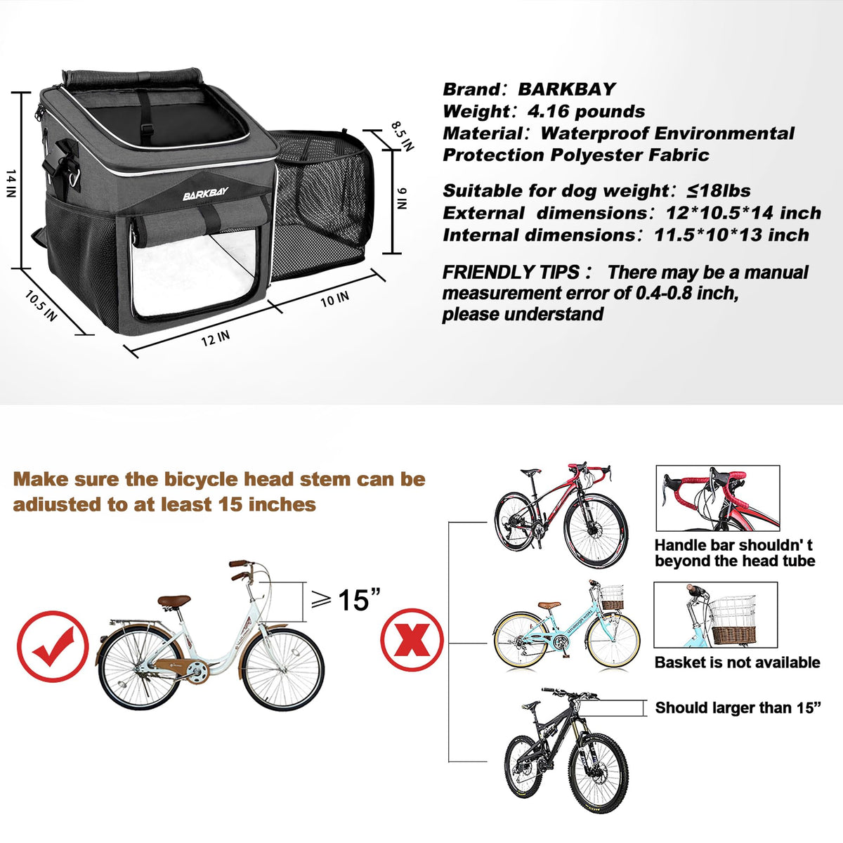Foldable Soft-Sided Dog Bike Basket Carrier with 2 Open Doors O4818