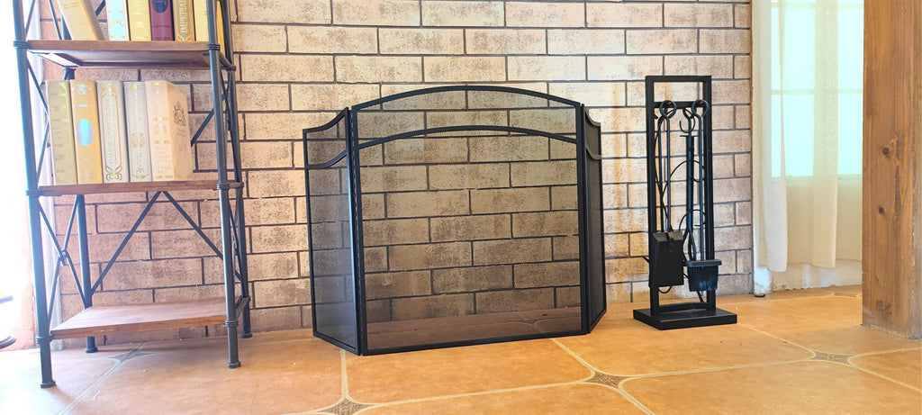 3 Panels Fireplace Screen with Arch Frame Black G510