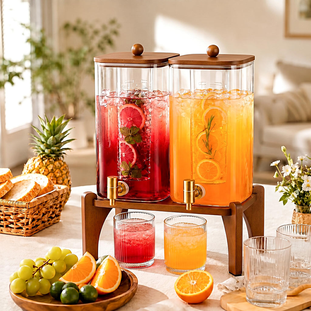 2 Pcs 1.5 Gallon Square Glass Drink Dispenser with Wooden Stand and Stainless Steel Spigot T9867