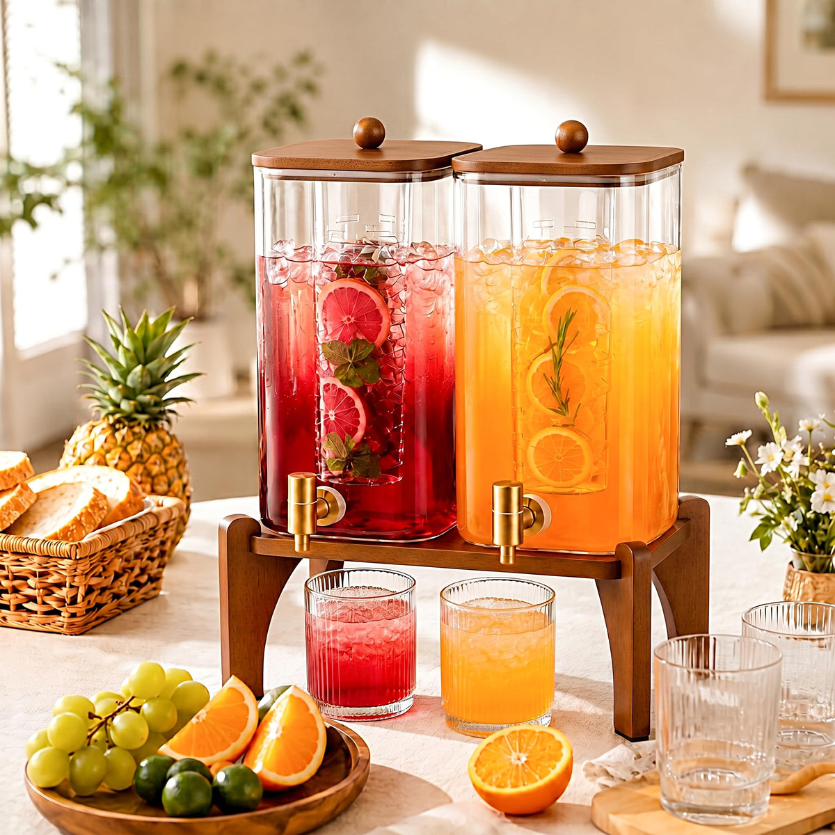 2 Pcs 1.5 Gallon Square Glass Drink Dispenser with Wooden Stand and Stainless Steel Spigot T9867