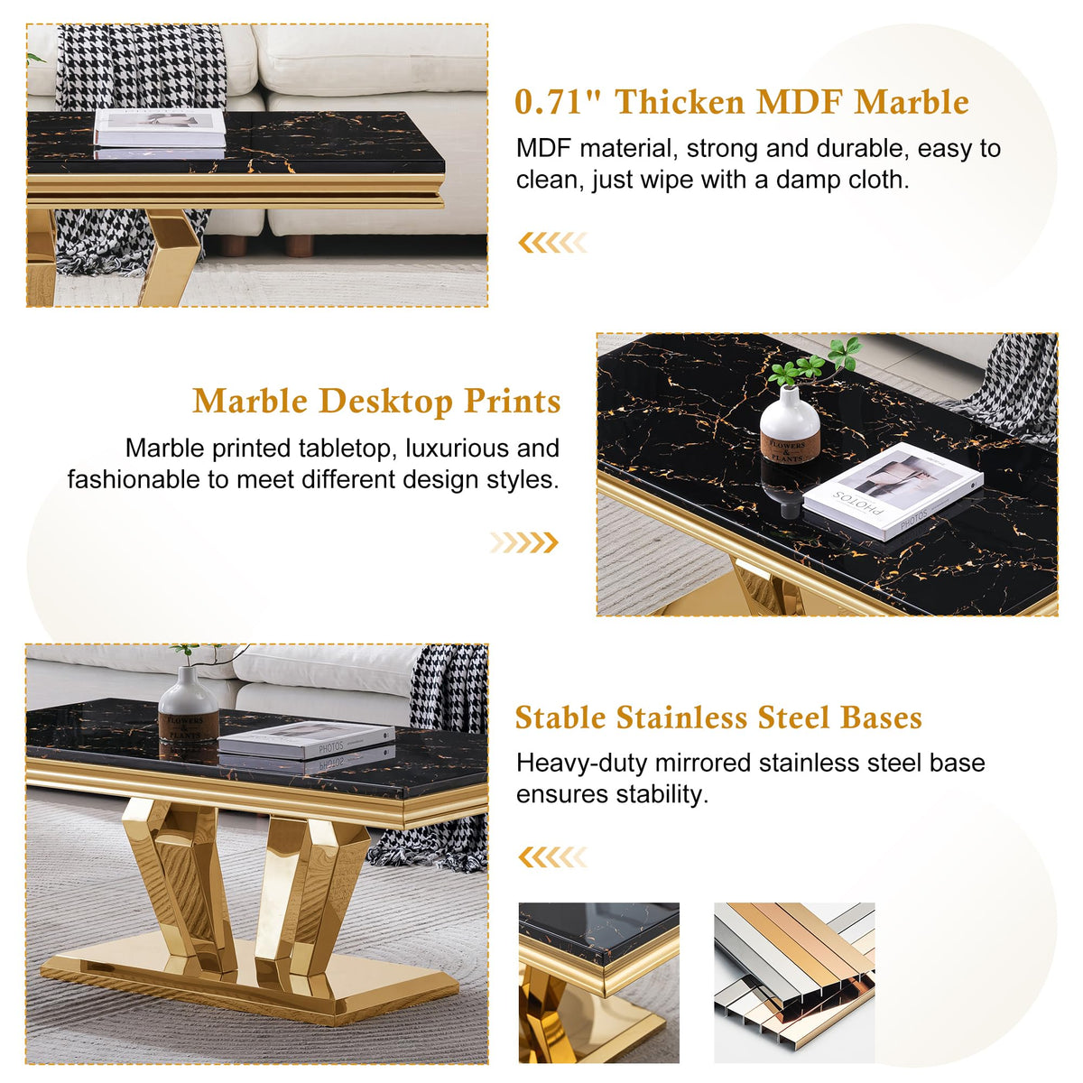 47" Faux Marble Rectangular Coffee Table with Mirrored Finish Stainless Steel Base D83830