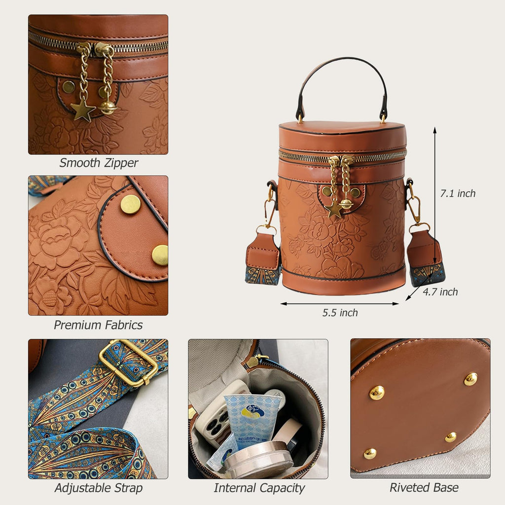 Round Barrel Bucket Bag Embossed Vegan Leather Crossbody Handbag J294014
