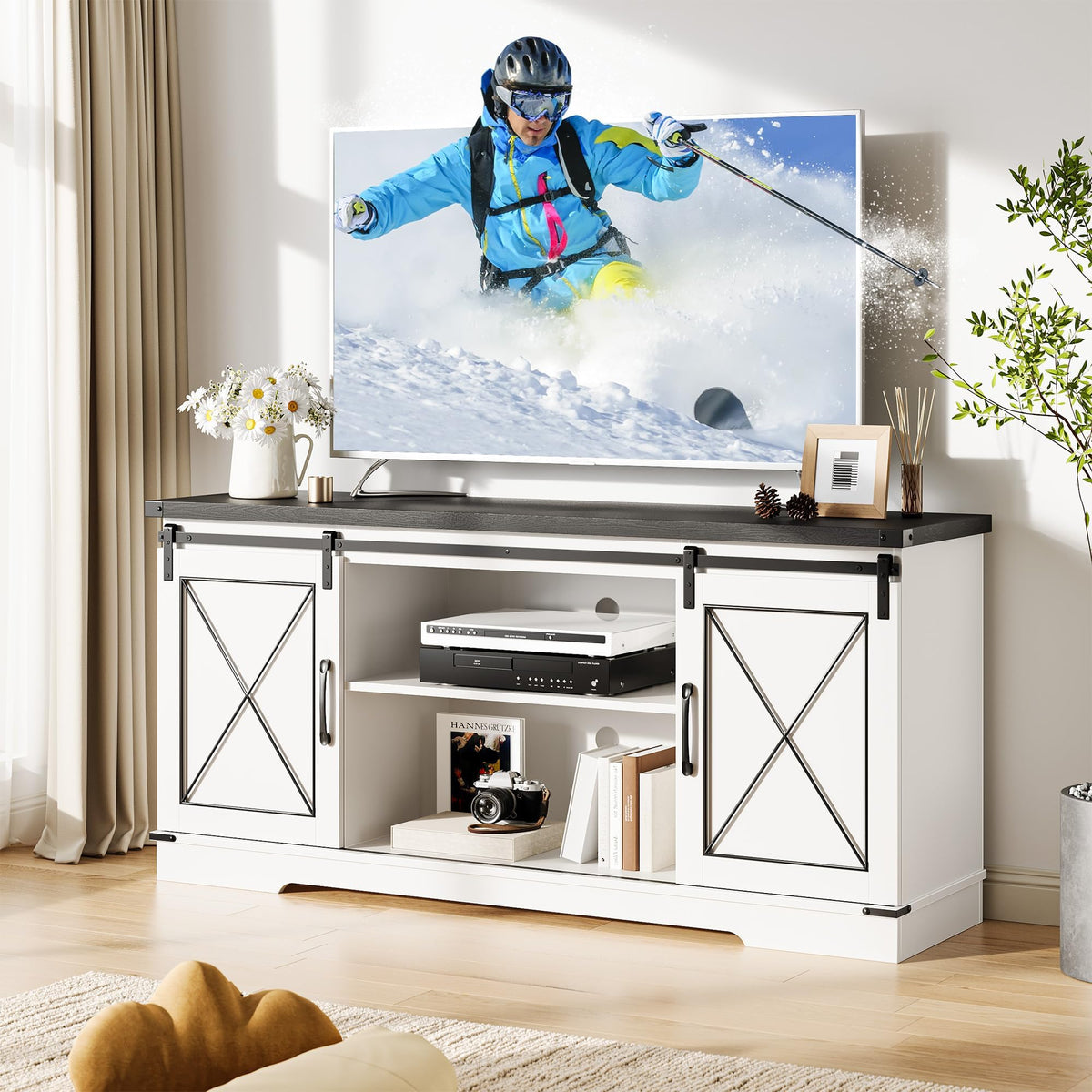 White Rustic Farmhouse TV Stand with Sliding Barn Doors P5247