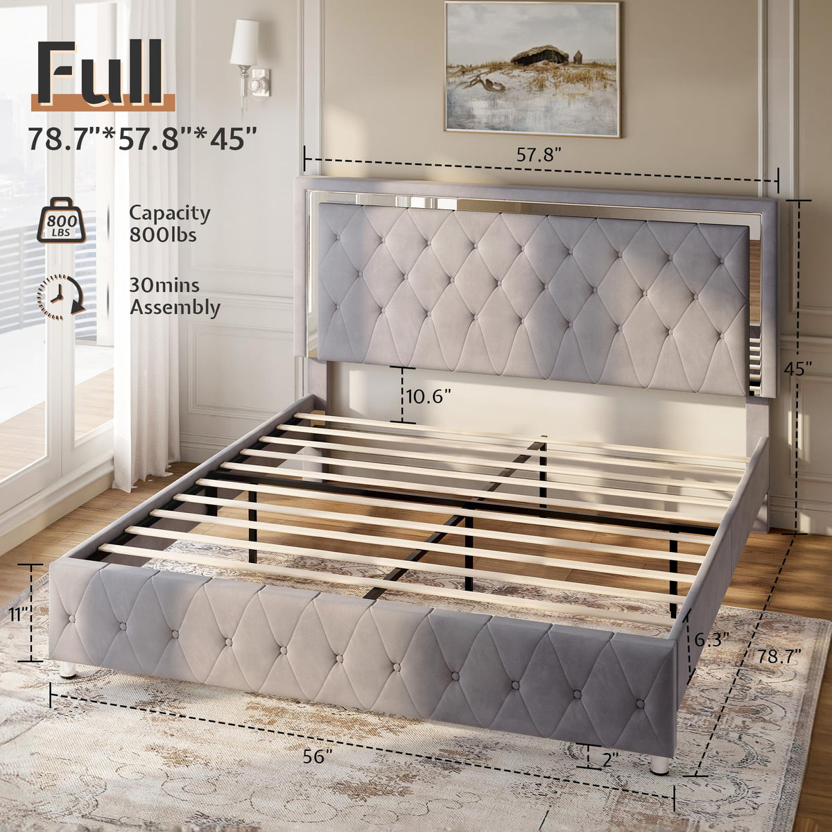 Full Velvet Upholstered Bed Frame with LED Lights Headboard T994