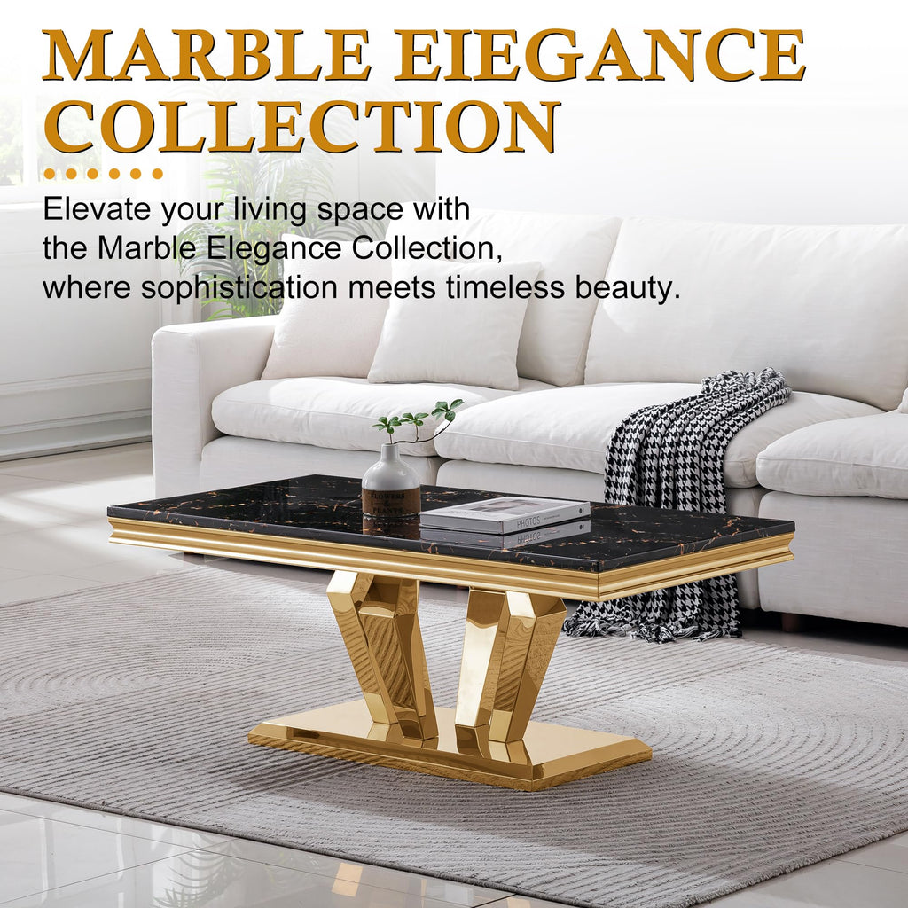 47" Faux Marble Rectangular Coffee Table with Mirrored Finish Stainless Steel Base D83830