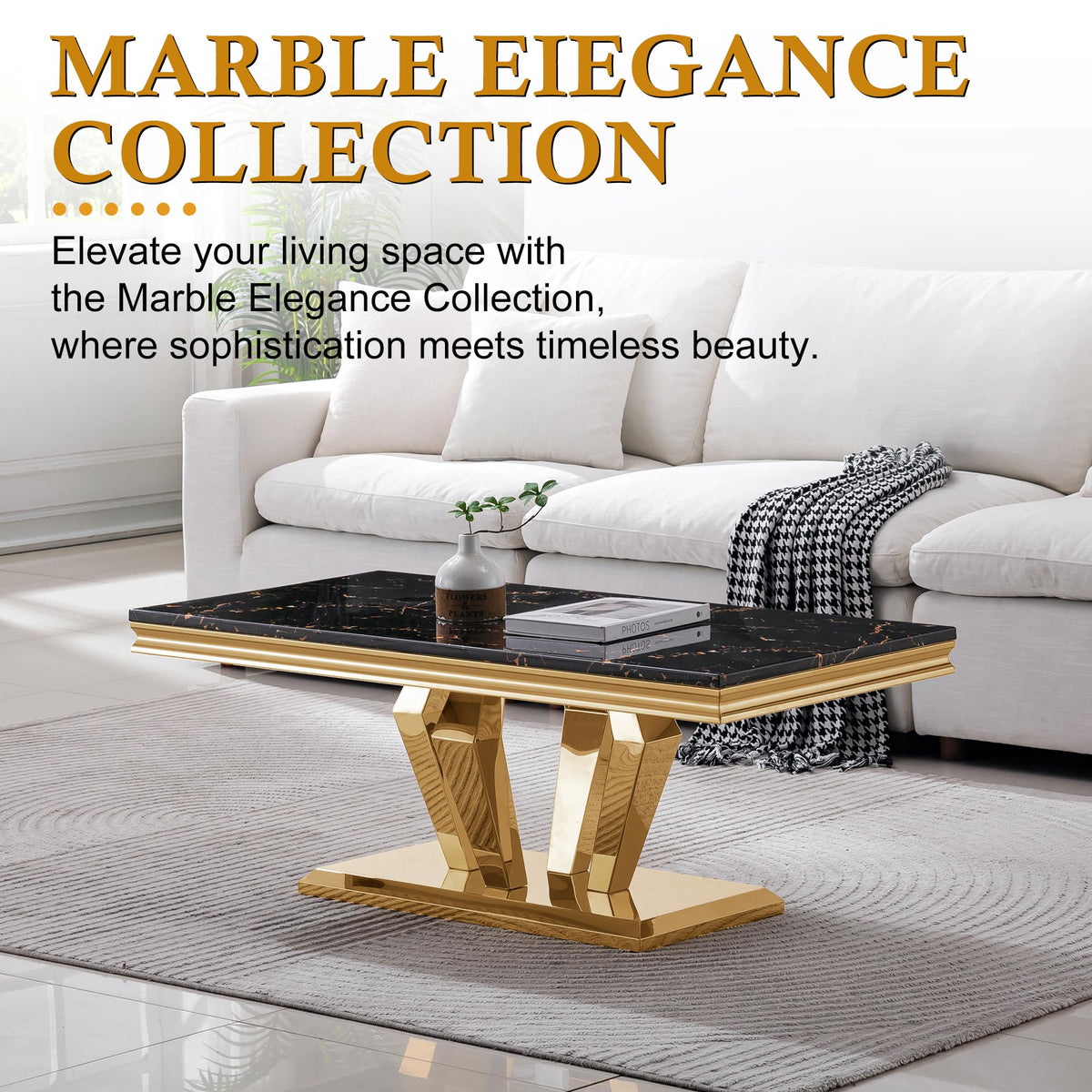 47" Faux Marble Rectangular Coffee Table with Mirrored Finish Stainless Steel Base D83830