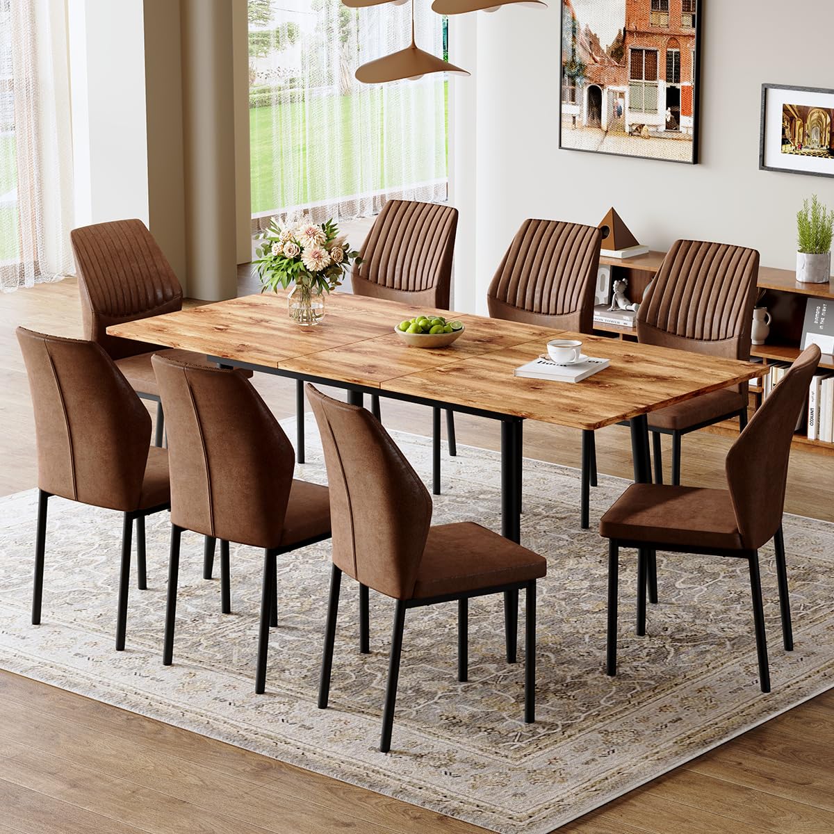 Extendable Dining Table Set for 8 Wood Upholstered Chairs T296853