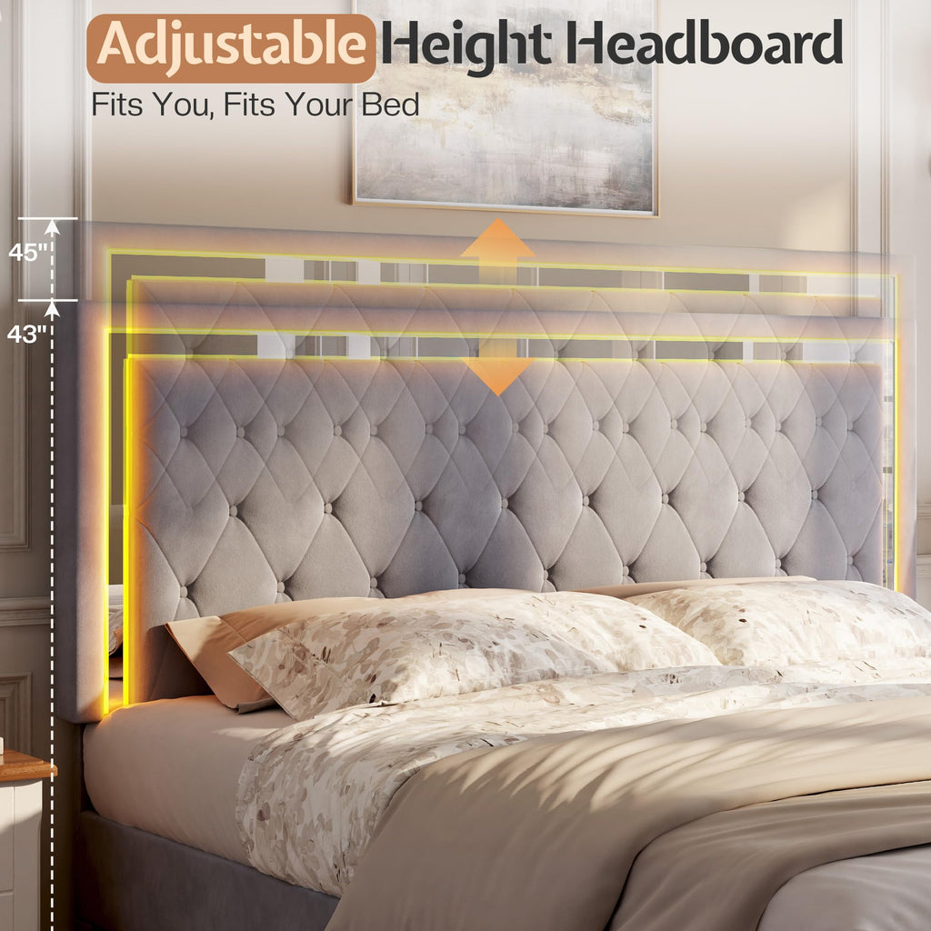Full Velvet Upholstered Bed Frame with LED Lights Headboard T994