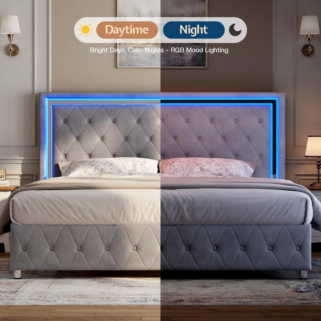 Full Velvet Upholstered Bed Frame with LED Lights Headboard T994
