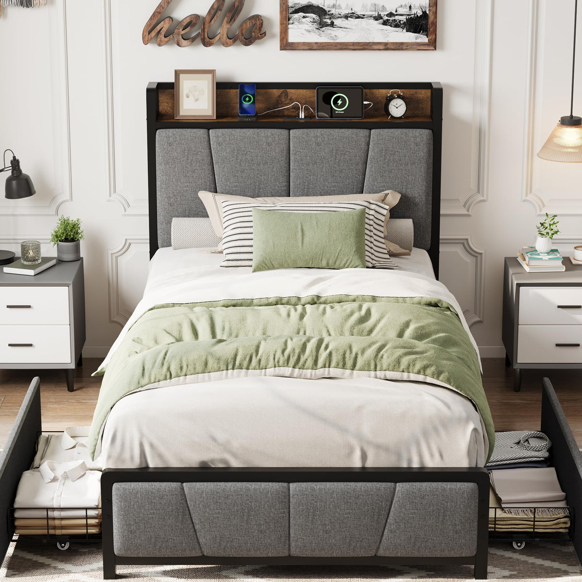 Grey Twin Size Linen Upholstered Platform Bed Frame with 2 Storage Drawers P599643