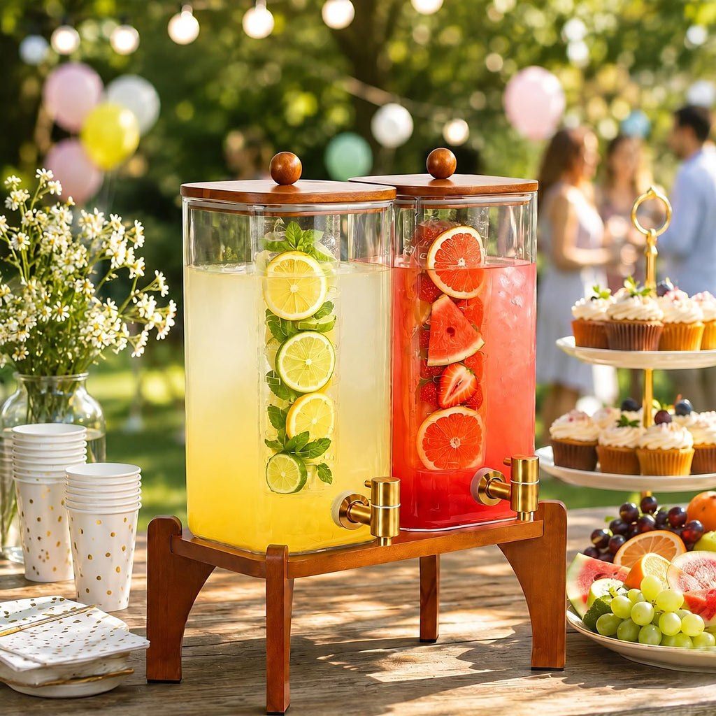 2 Pcs 1.5 Gallon Square Glass Drink Dispenser with Wooden Stand and Stainless Steel Spigot T9867
