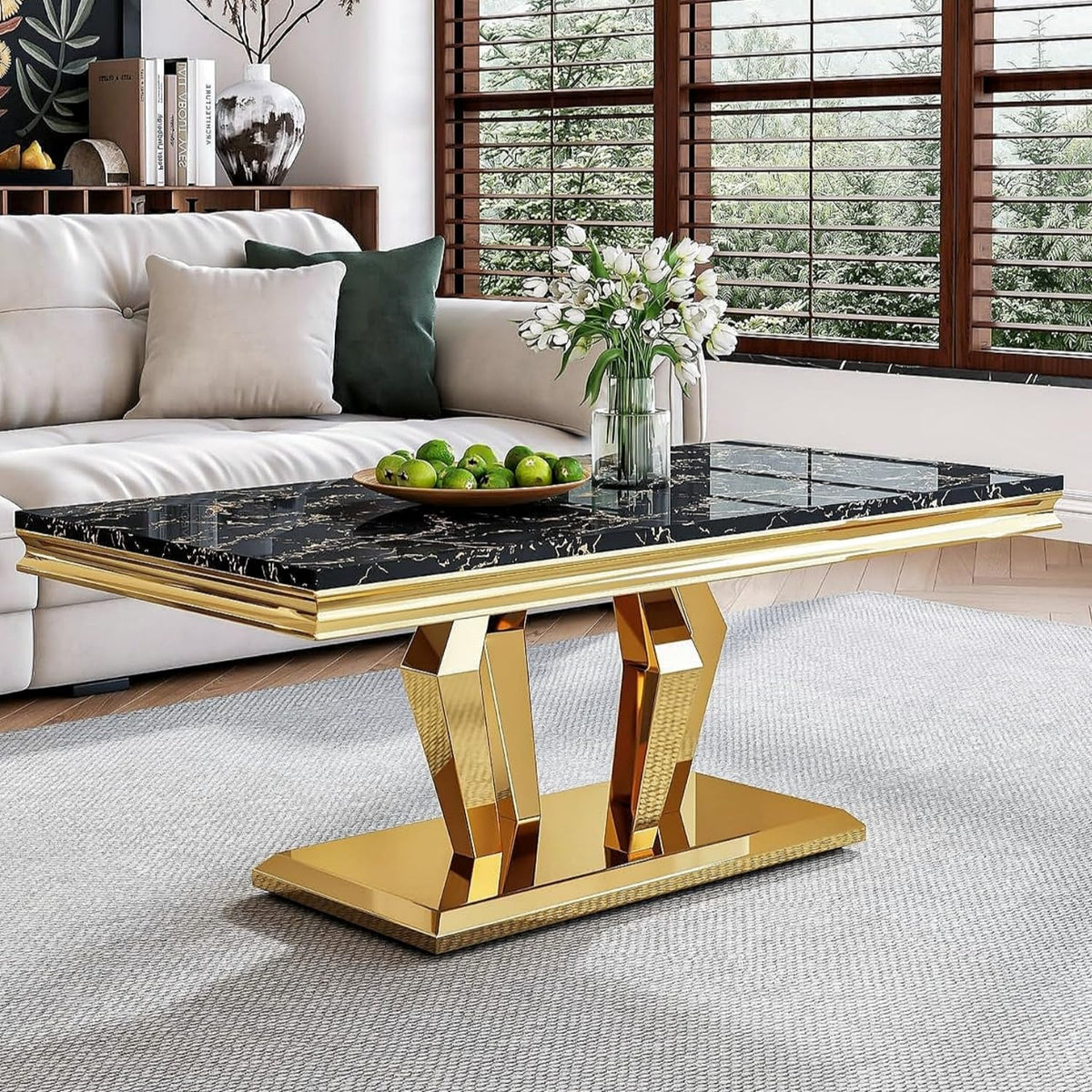 47" Faux Marble Rectangular Coffee Table with Mirrored Finish Stainless Steel Base D83830