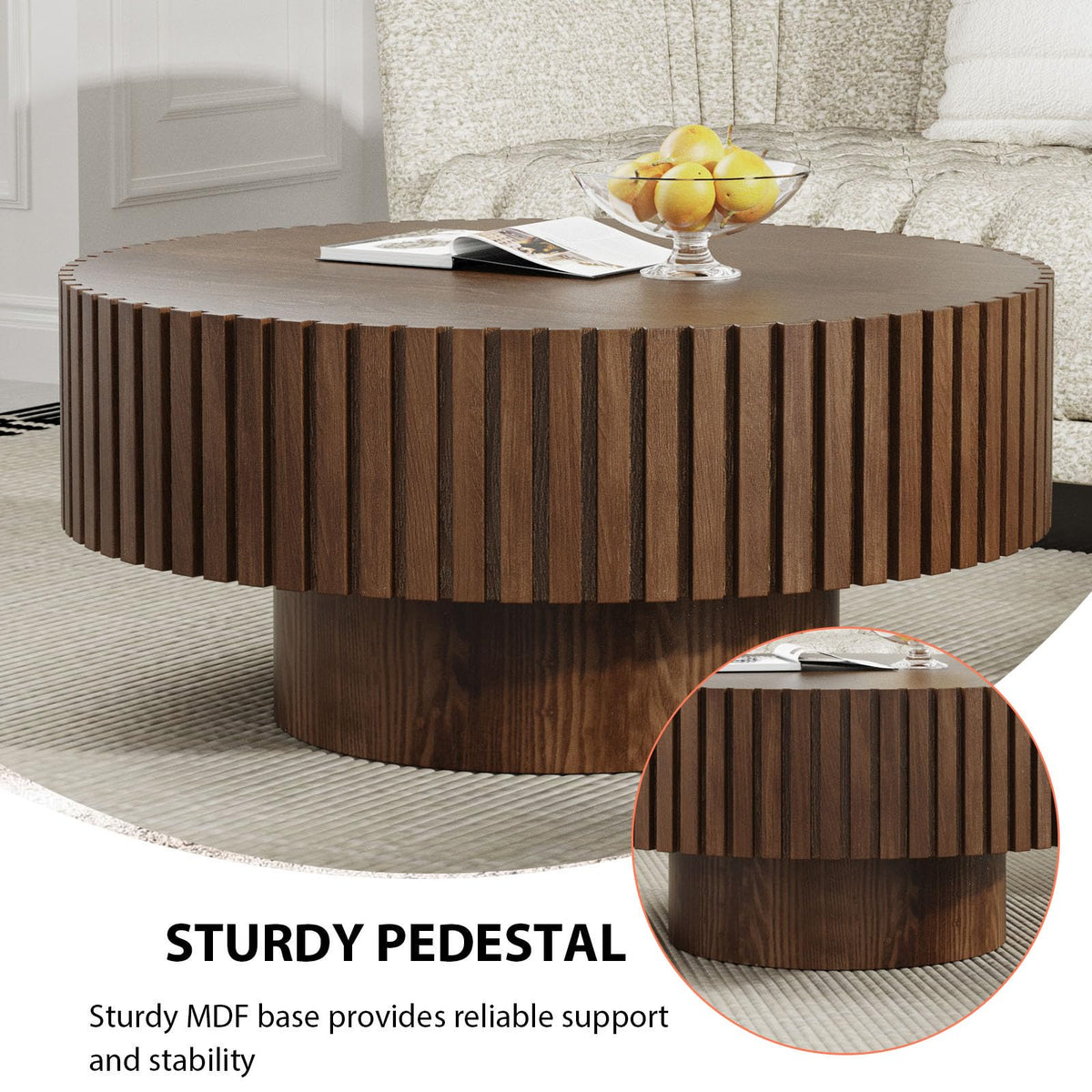 Round Fluted Drum Coffee Table with Pedestal Base B829262