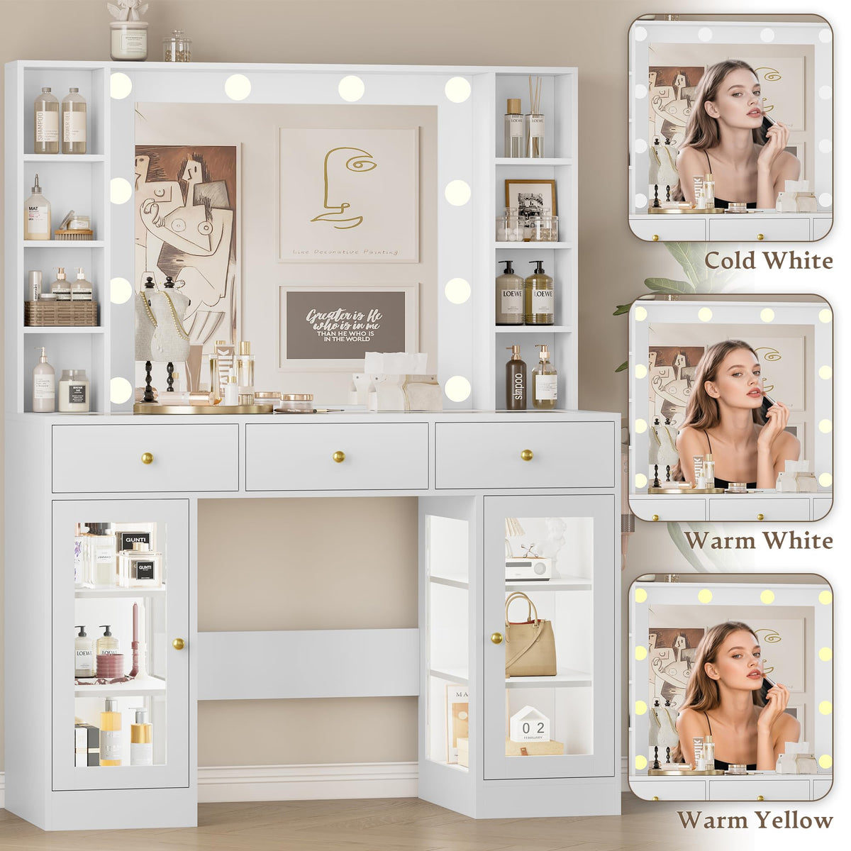 White Makeup Vanity Desk with Mirror and Lights U422