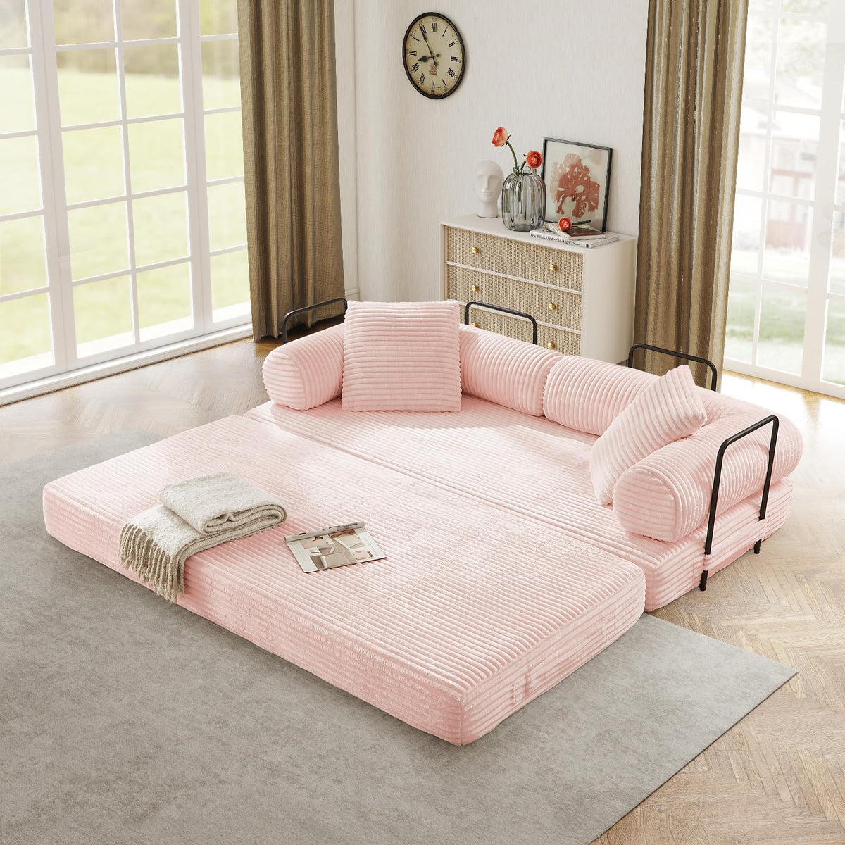 Pink Corduroy Convertible Sleeper Sofa Bed F26413