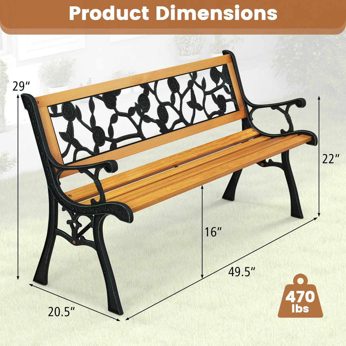 Iron Hardwood Garden Bench S696435
