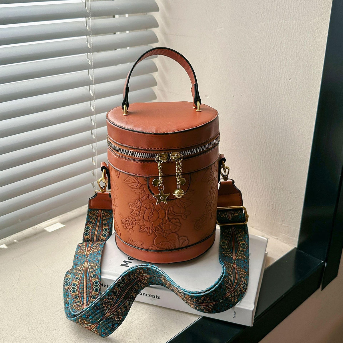 Round Barrel Bucket Bag Embossed Vegan Leather Crossbody Handbag J294014