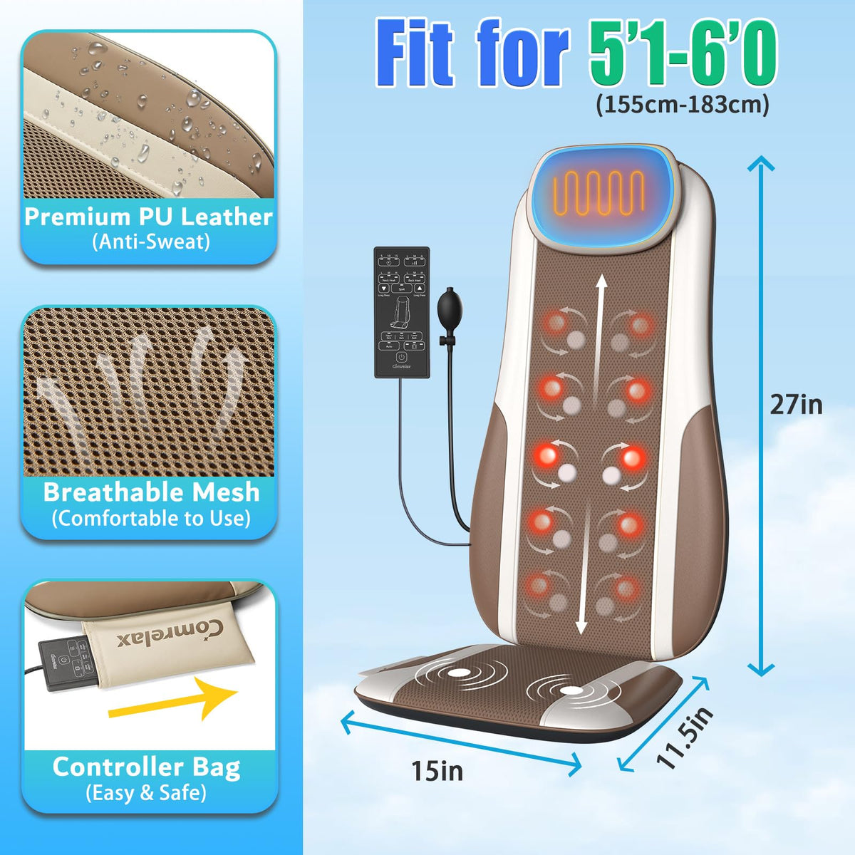 Shiatsu Back Massager with Heat, 2 Vibration Motors, PU Leather I25165