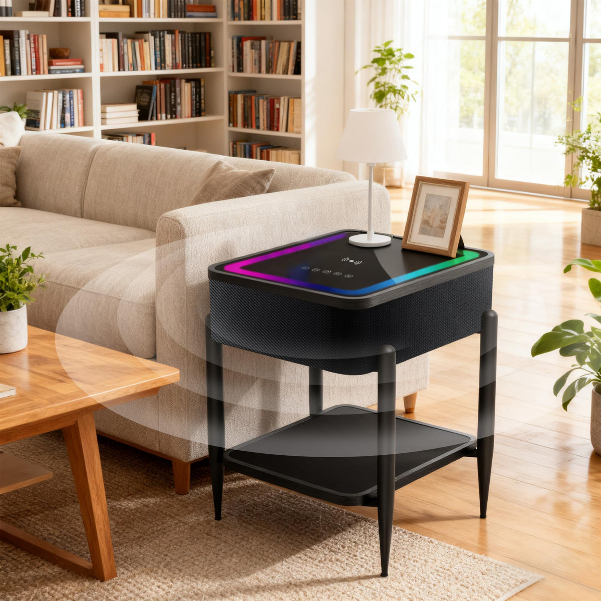 Black LED Smart Nightstand with Bluetooth Speaker & Wireless Charging H48005