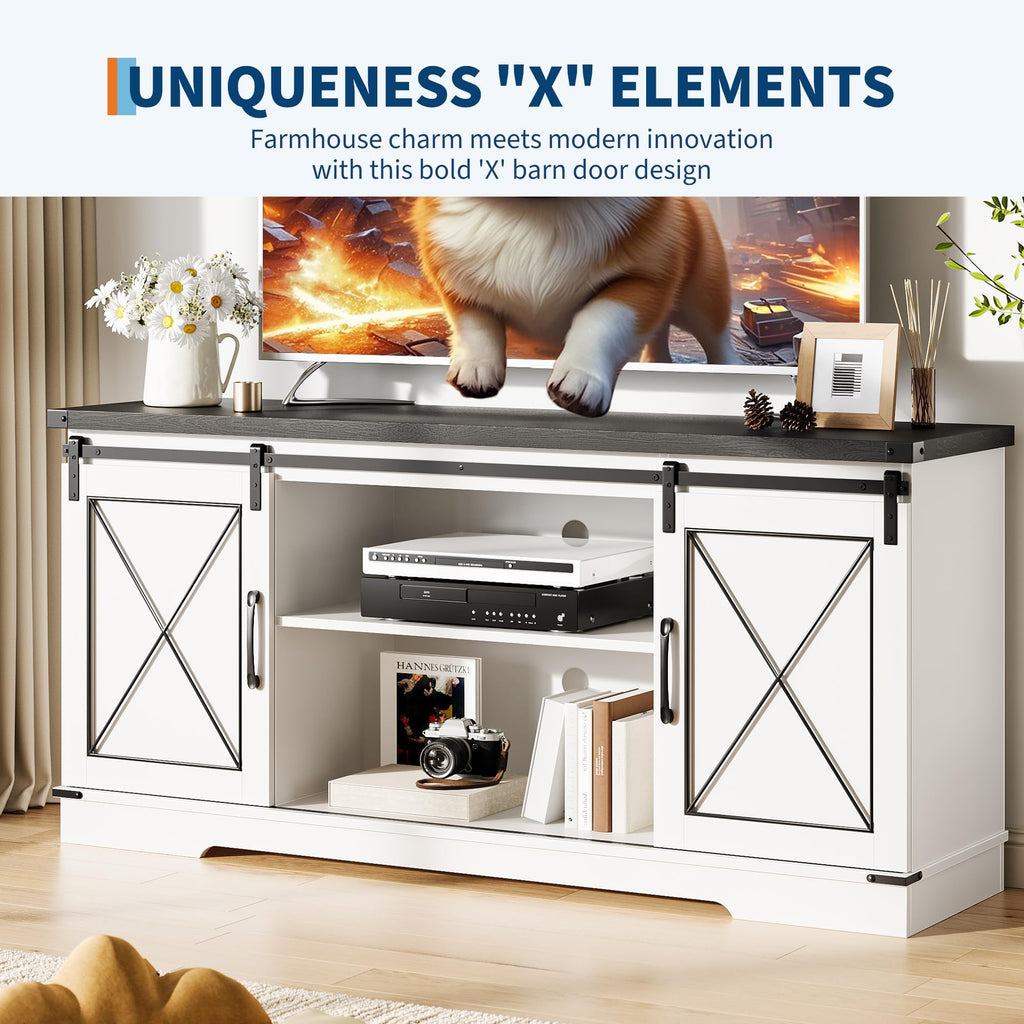 White Rustic Farmhouse TV Stand with Sliding Barn Doors P5247
