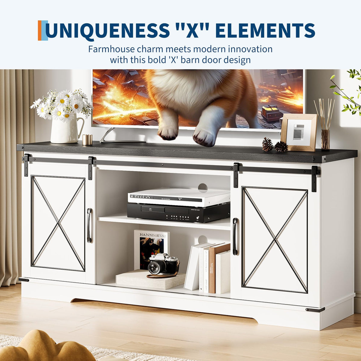 White Rustic Farmhouse TV Stand with Sliding Barn Doors P5247