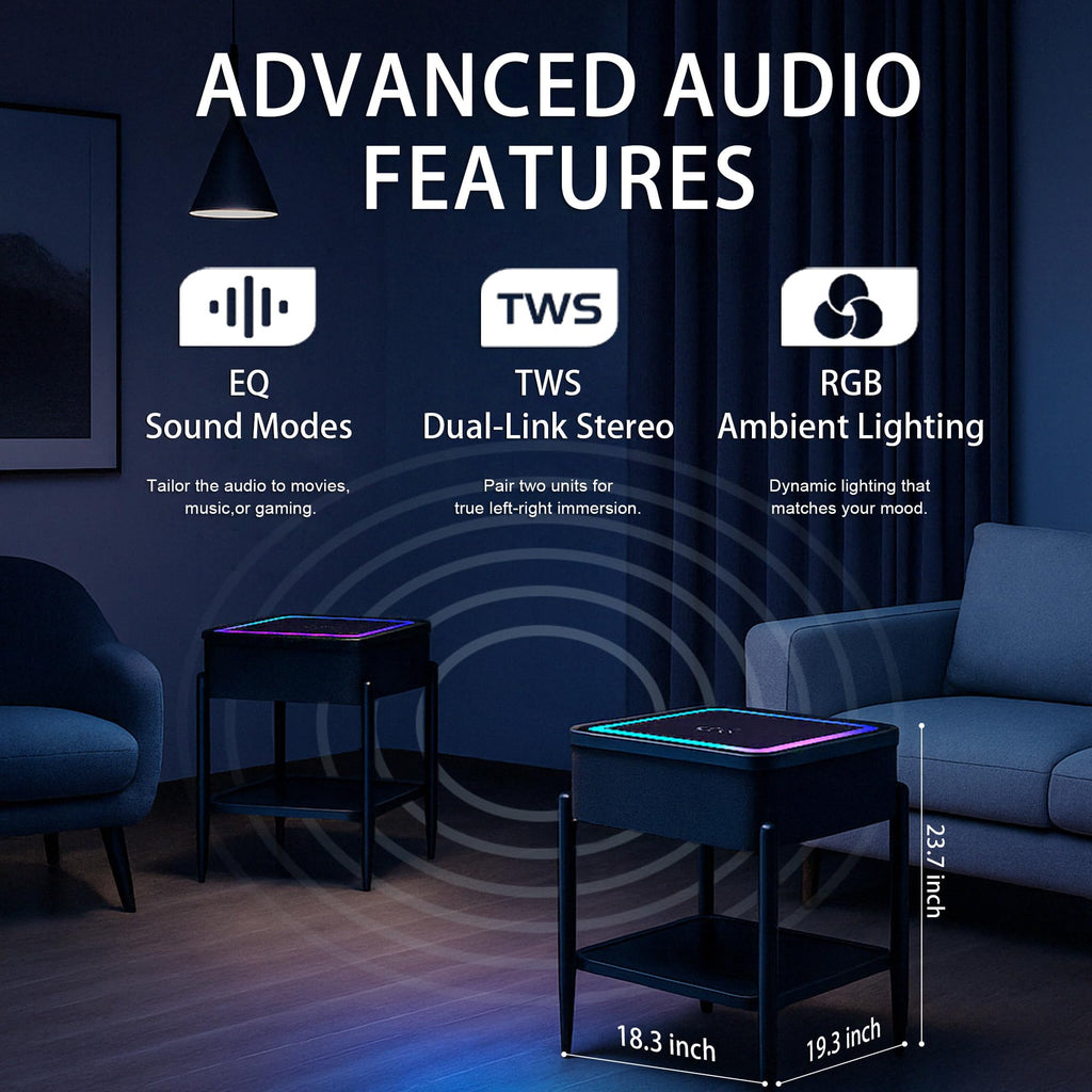 Black LED Smart Nightstand with Bluetooth Speaker & Wireless Charging H48005