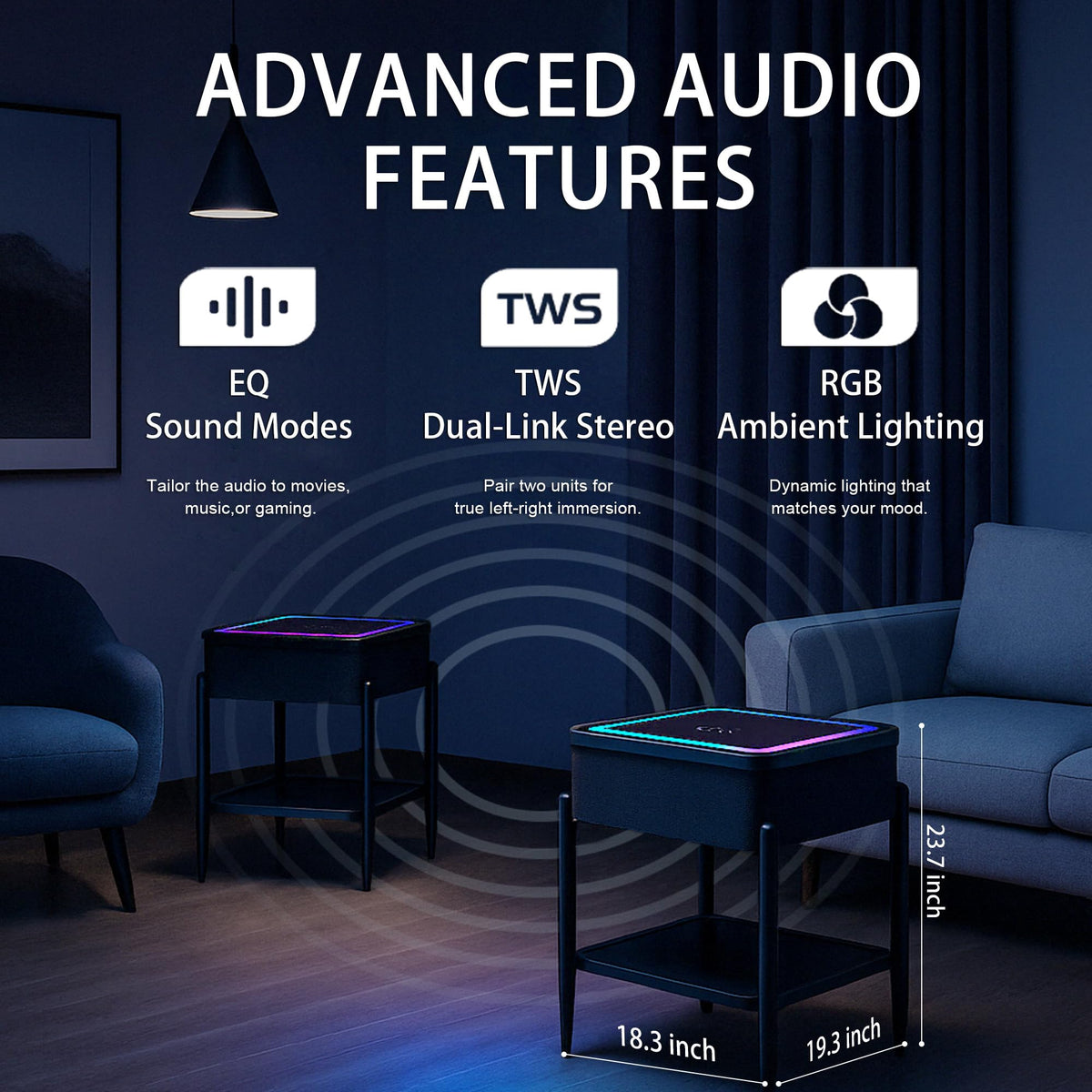 Black LED Smart Nightstand with Bluetooth Speaker & Wireless Charging H48005