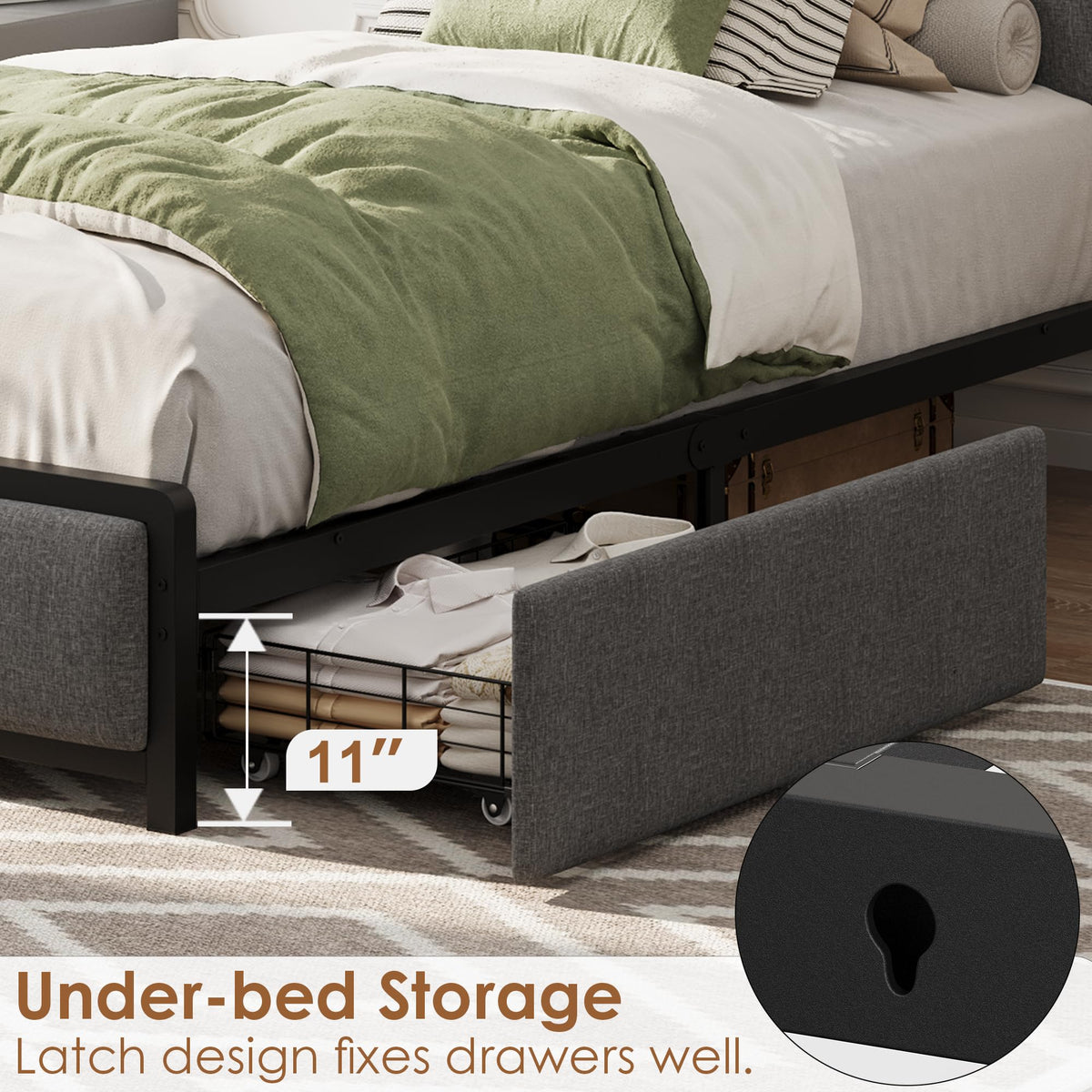 Grey Twin Size Linen Upholstered Platform Bed Frame with 2 Storage Drawers P599643