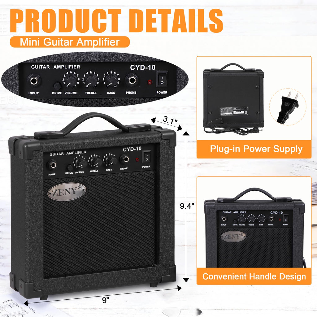 39in Full Size Electric Guitar with 10W Amp, Case and Accessories Pack, Black V77061