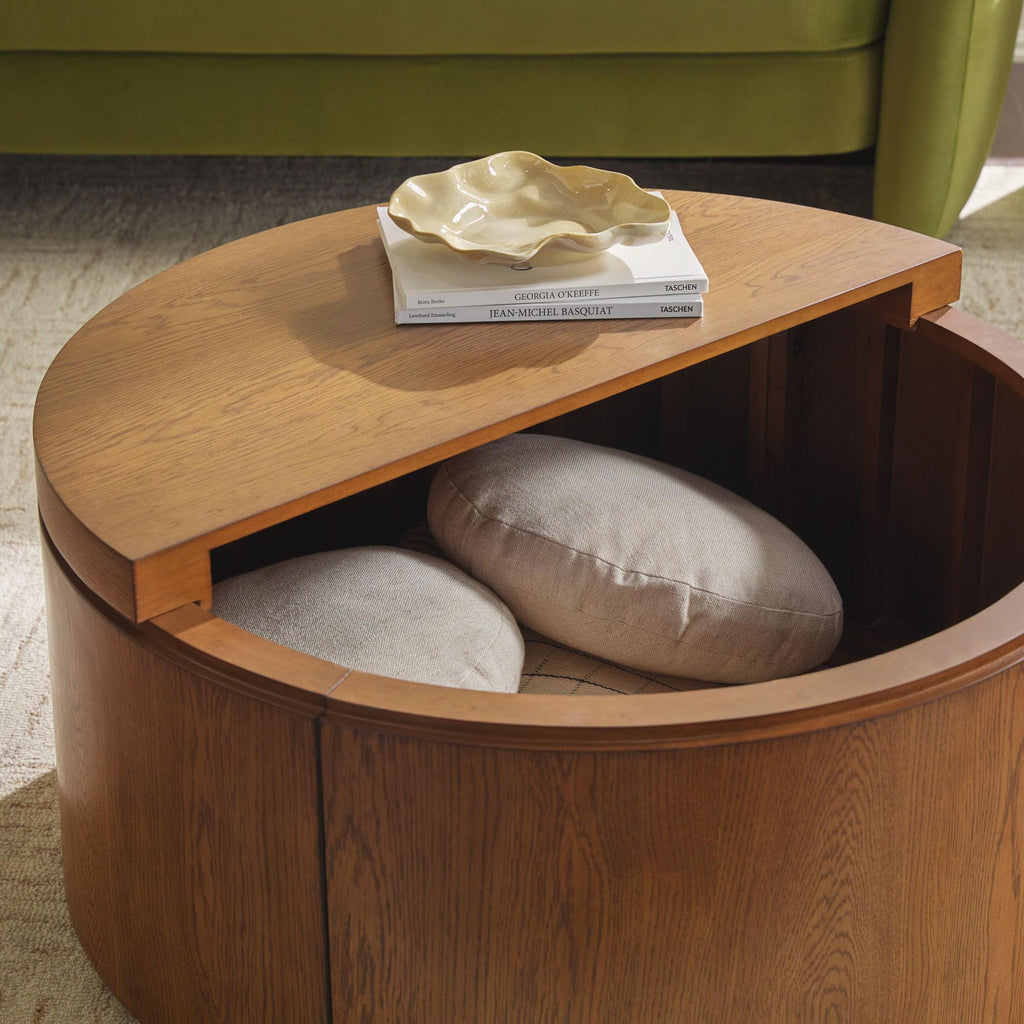 Solid Oak Wood Veneer Coffee Table with Storage, 36 Inch, Medium Brown Oak R399267