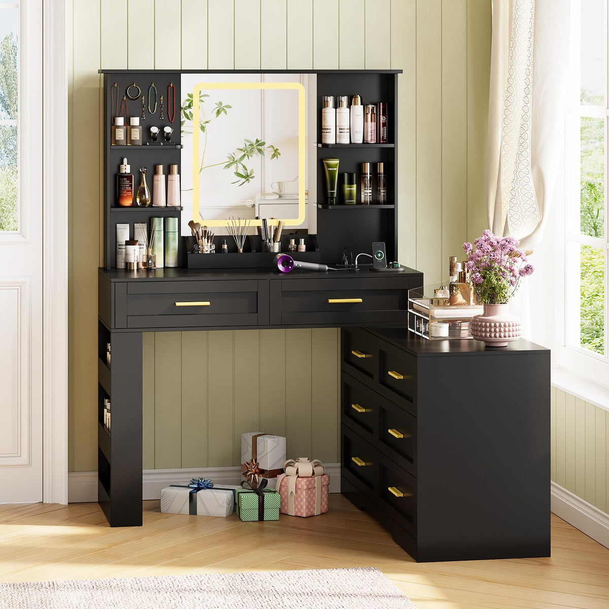 Black Makeup Vanity Desk with Mirror and Lights M900570