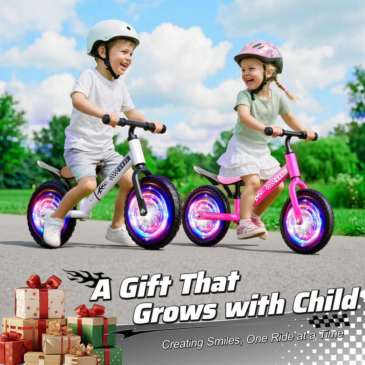 Adjustable Toddler Balance Bike with Fender and LED Tires A386176