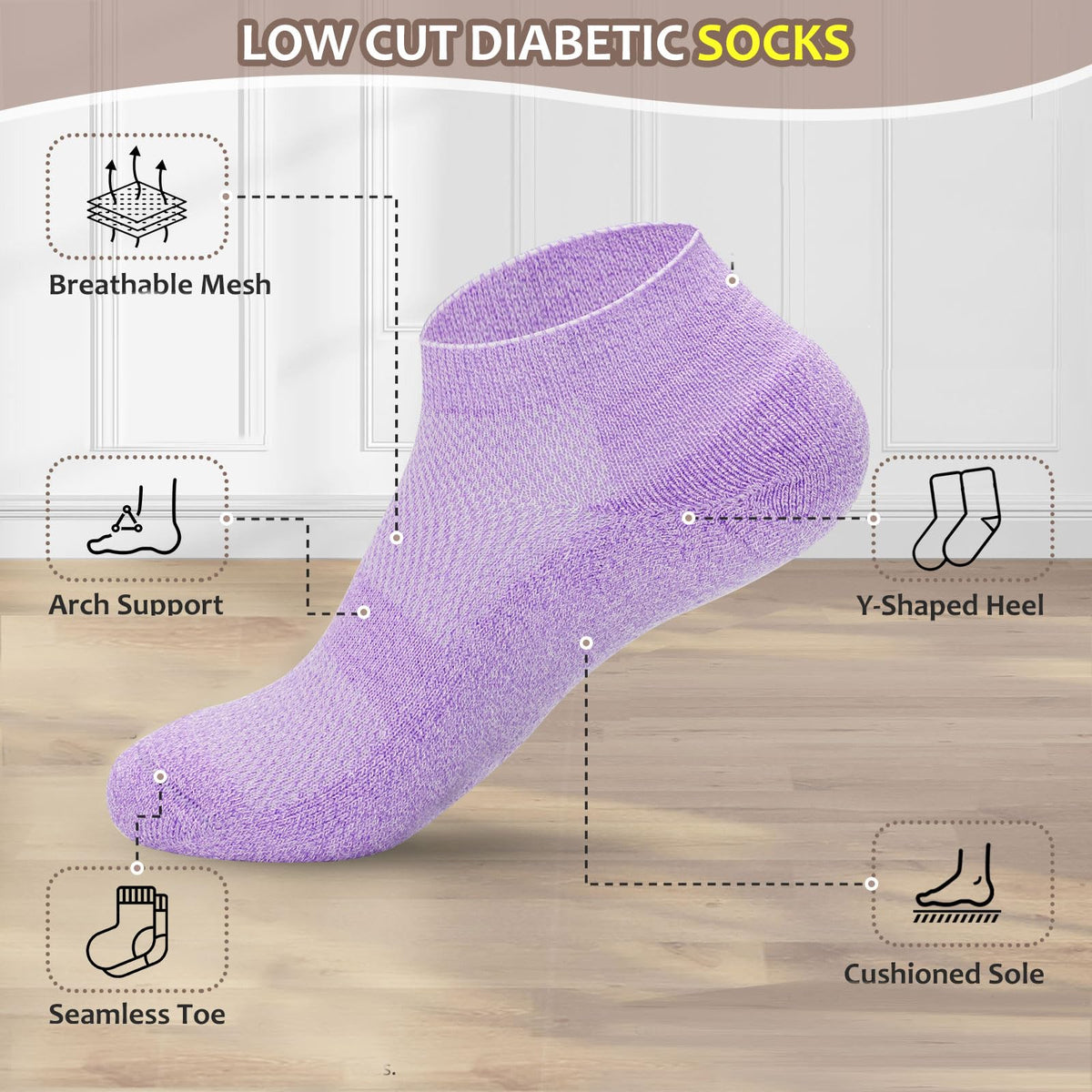5 Pairs Non-Binding Low Cut Diabetic Socks Size 9-11 I2969